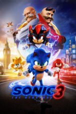 Poster film Sonic the Hedgehog 3 menampilkan Sonic, Knuckles, dan Tails bersiap menghadapi Shadow dalam petualangan epik dengan latar belakang futuristik yang penuh aksi